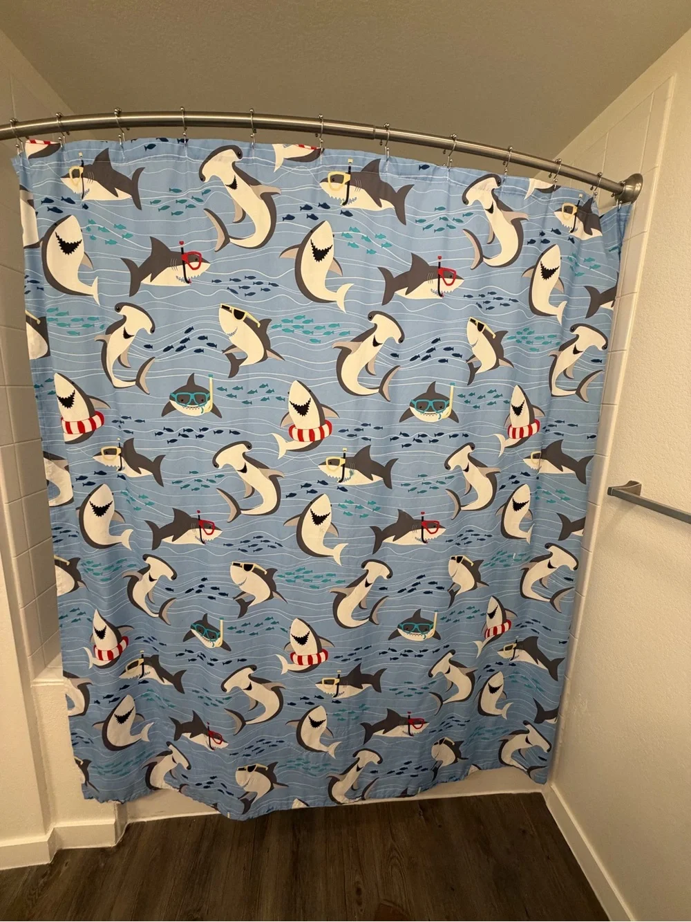 Playful Shark Pattern Shower Curtain - Light Blue
